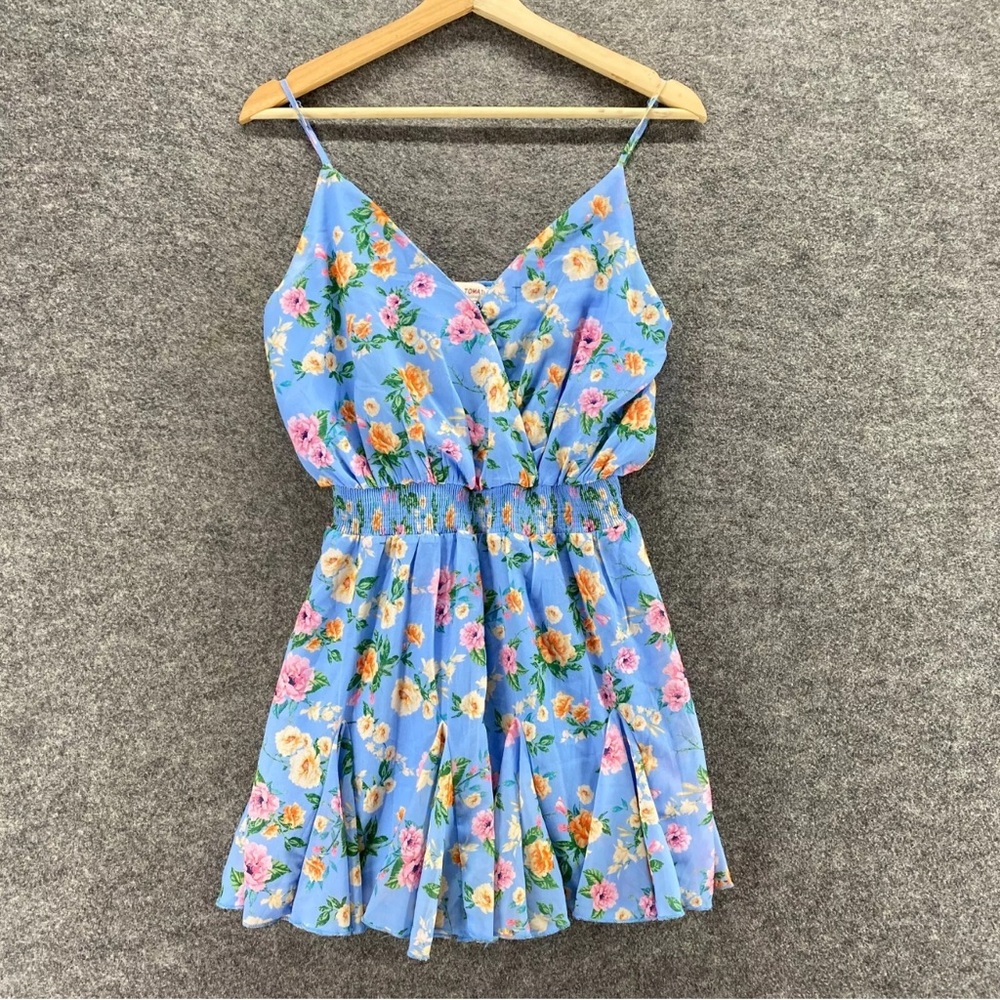 Flying Tomato Romper Women Large Blue Floral V-Neck Sleeveless Lined Casual